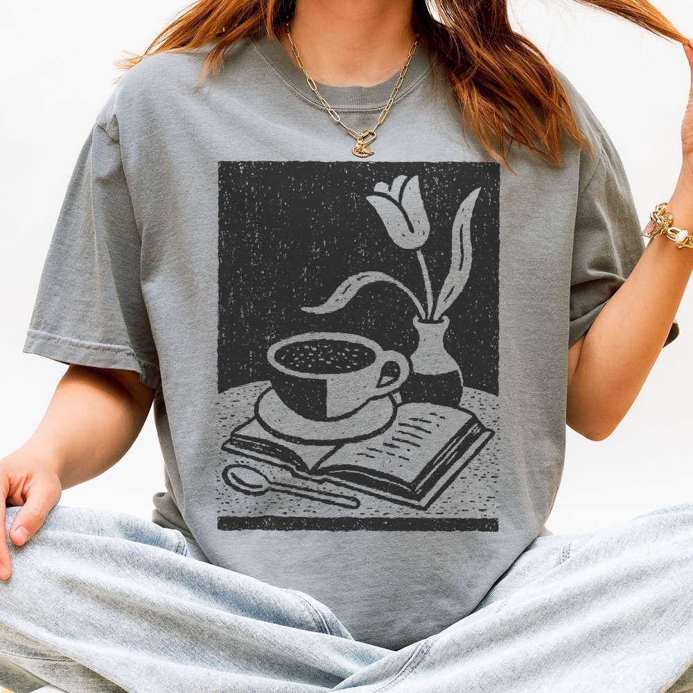 Linocut Style Steam Cup & Coffee Books Tee